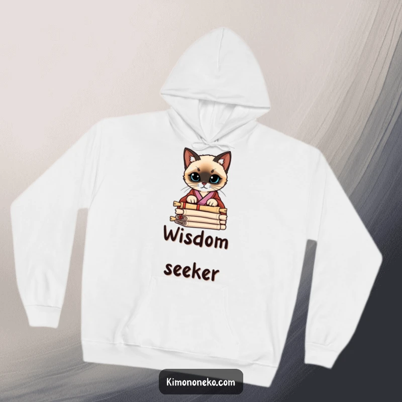 Funny Siamese Cat Kimono Hoodie: A Siamese cat in a stylish kimono peering curiously over a stack of ancient scrolls, cozy and mysterious.