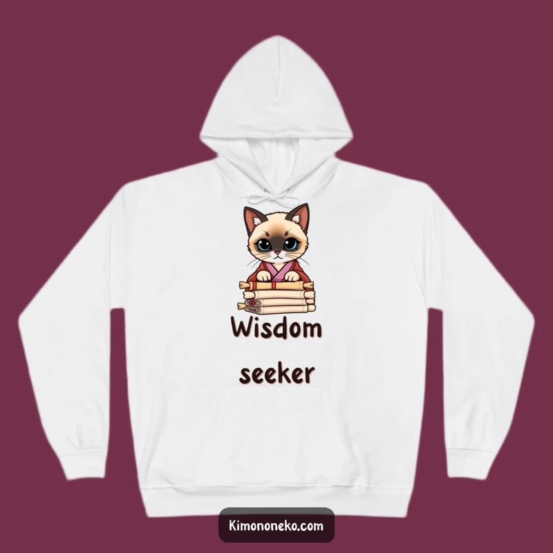 Stay warm and mysterious with this funny hoodie, depicting a Siamese cat in a stylish kimono peering over scrolls. Perfect for cozy contemplation.
