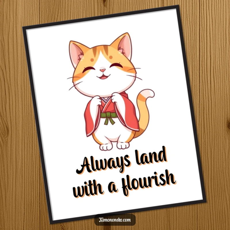 Free Printable Wall Art: A happy kawaii calico cat in a red kimono executes a graceful bow.