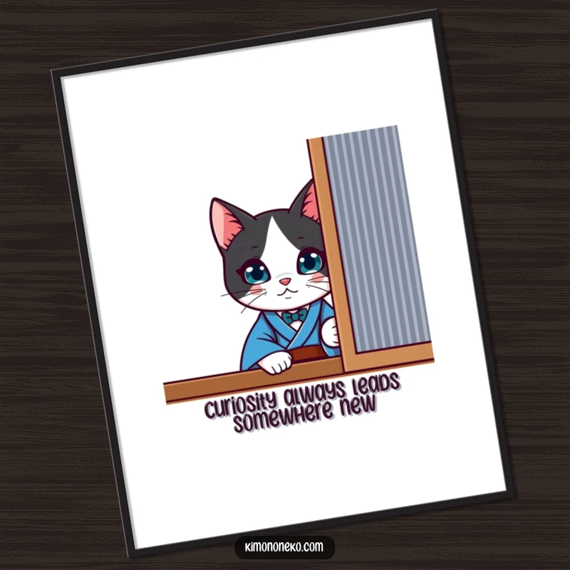 Free Printable Wall Art: A curious kawaii tuxedo cat in a blue kimono peeks from behind a screen.