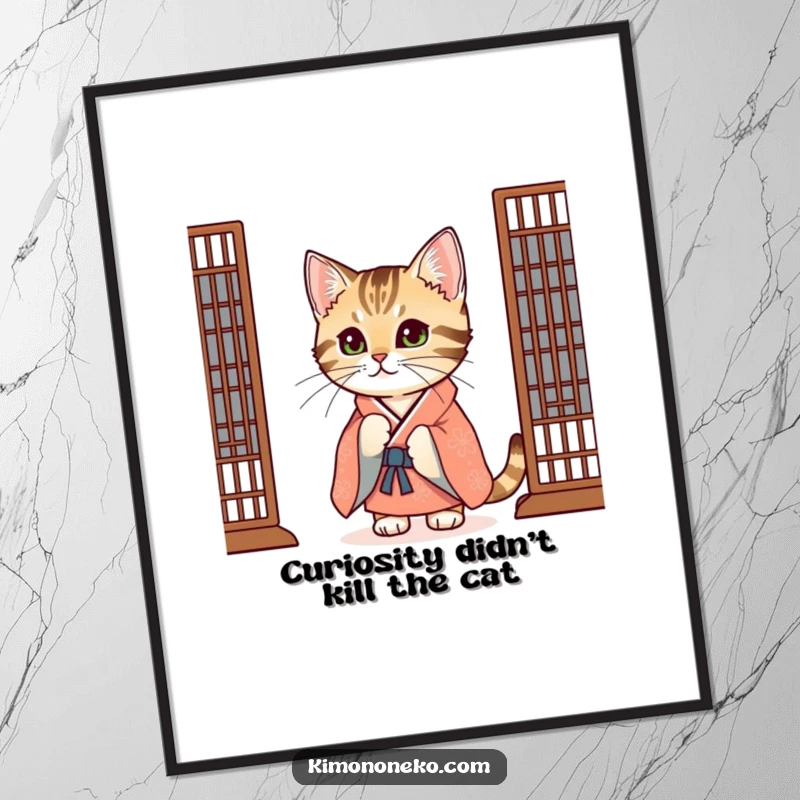 Funny Free Printable Wall Art: A curious tabby cat in a festive kimono peeking from behind a screen with playful eyes.