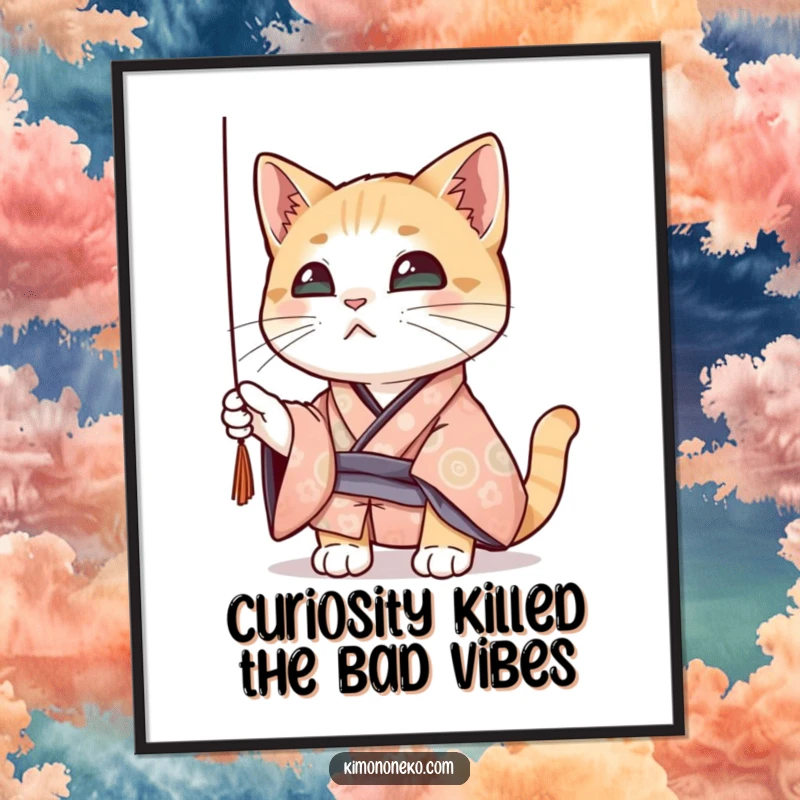 Funny Free Printable Wall Art: A curious cat in a patterned kimono is captivated by a dangling thread.