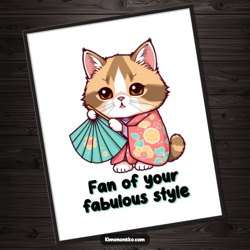Funny Free Printable Wall Art: Kawaii Scottish Fold cat in a colorful kimono, peeking charmingly from behind a fan.