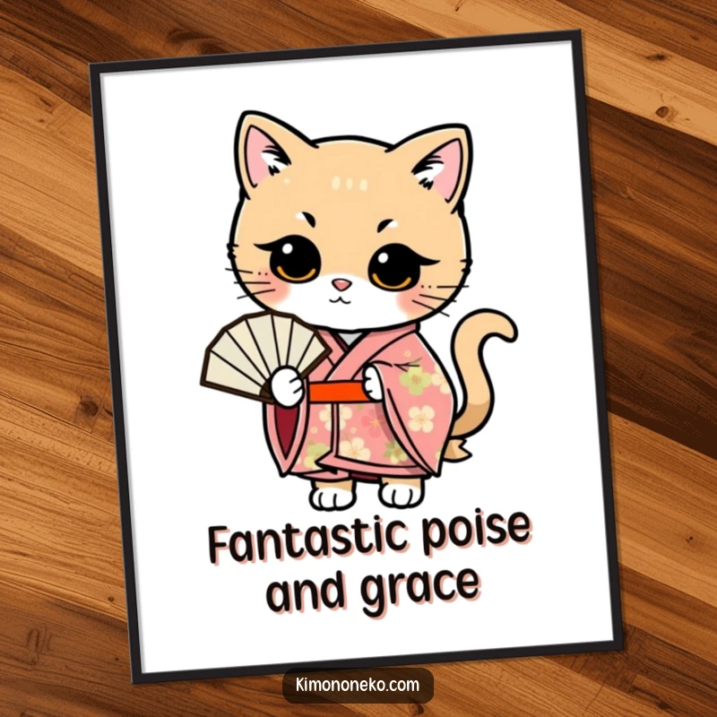 Funny Free Printable Wall Art: A Kawaii cat in a floral kimono poses elegantly with a fan, radiating refined beauty.