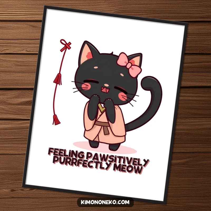 Funny Free Printable Wall Art: A Kawaii black cat in a simple kimono, playfully batting at a dangling string with glee.