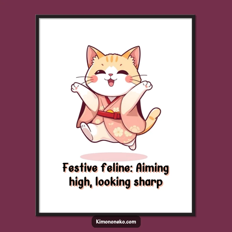 Funny Free Printable Wall Art: Playful Kimono Cat Jump - Downloadable Poster