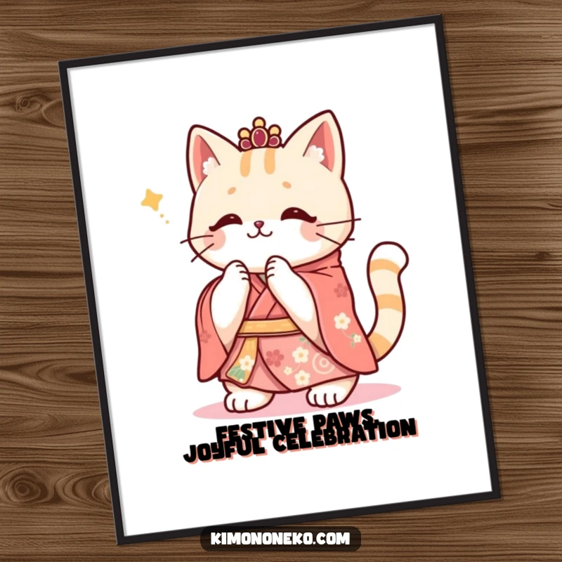Funny Free Printable Wall Art: Kawaii stylized cat in a festive kimono enthusiastically clapping its paws, radiating happiness.