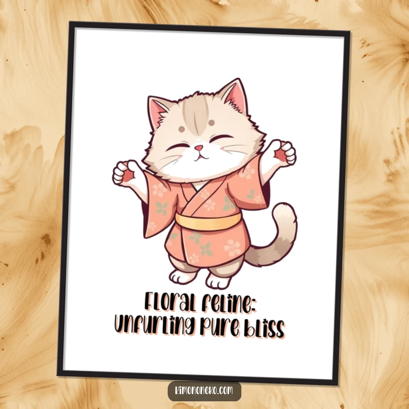 Funny Free Printable Wall Art: Fluffy cat in floral kimono performing a graceful stretch, embodying calm humor.