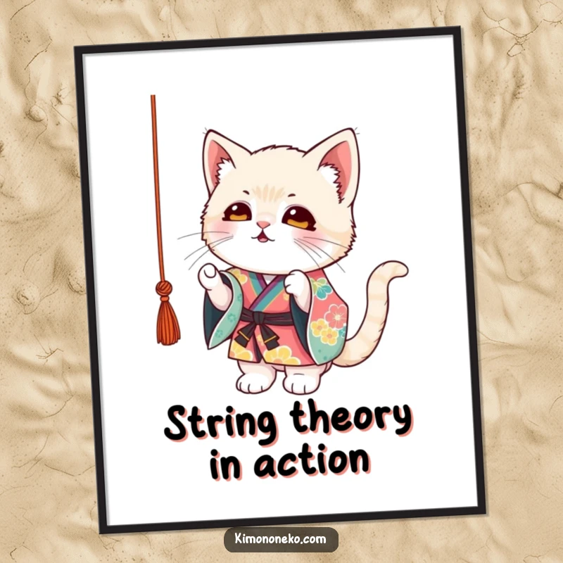 Funny Free Printable Wall Art: Mischievous kitten in a colorful kimono, focused intently on batting a dangling string.