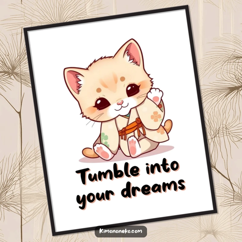 Funny Free Printable Wall Art: A cute kitten in a floral kimono playfully tumbling, adding joyful energy to the room.