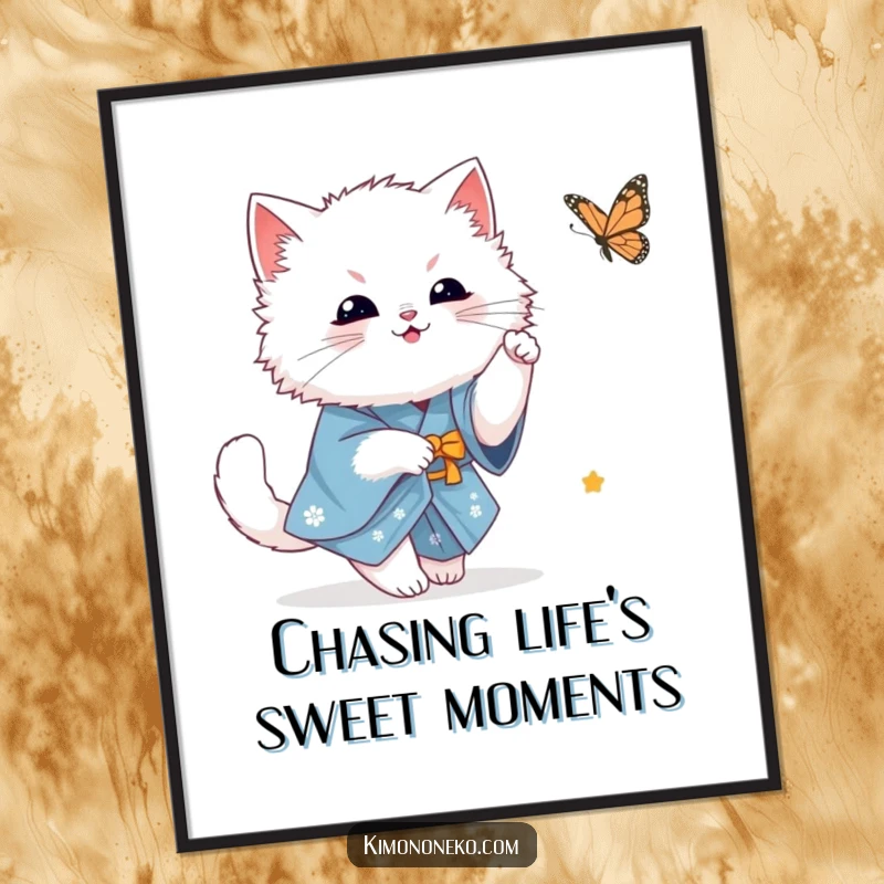 Funny Free Printable Wall Art: A fluffy white kawaii cat in a kimono playfully chasing a butterfly, downloadable art.