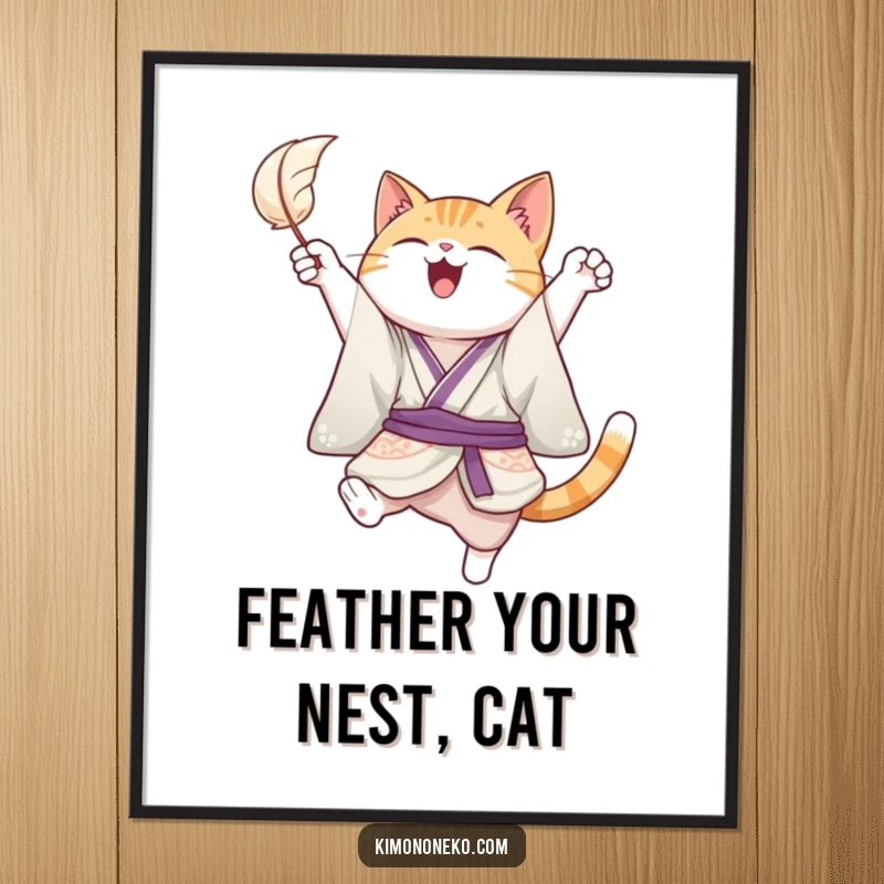 Funny Free Printable Wall Art of a joyful cat in a kimono, leaping playfully to catch a floating feather.