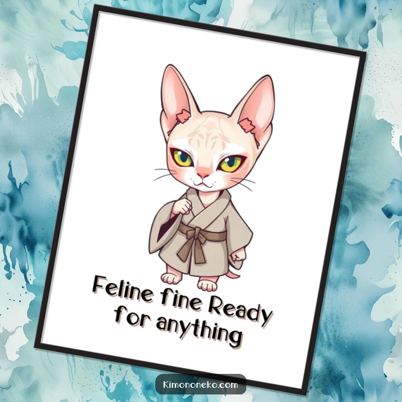 Funny Free Printable Wall Art: A kawaii Sphynx cat in a simple kimono strikes absolutely confident and hilarious pose.
