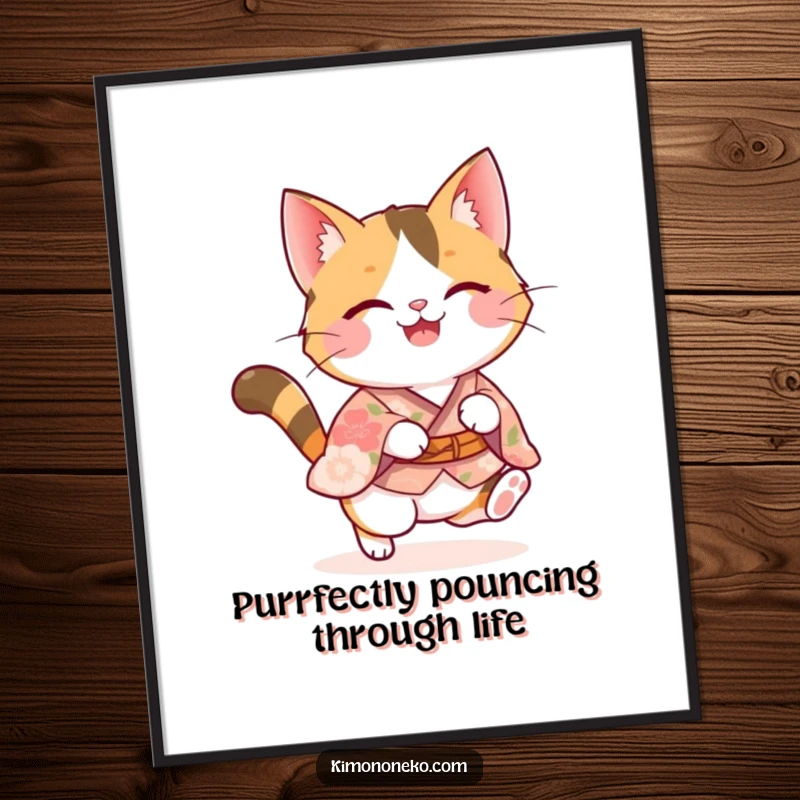 Funny Free Printable Wall Art: A calico kawaii cat in floral kimono captured mid-pounce, full of playful energy, downloadable.