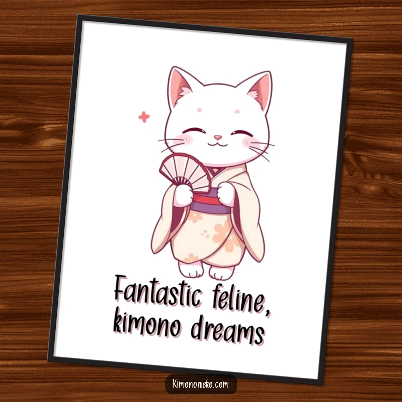 Funny Free Printable Wall Art of a refined white cat in a delicate kimono, holding a fan with a subtle, humorous expression.