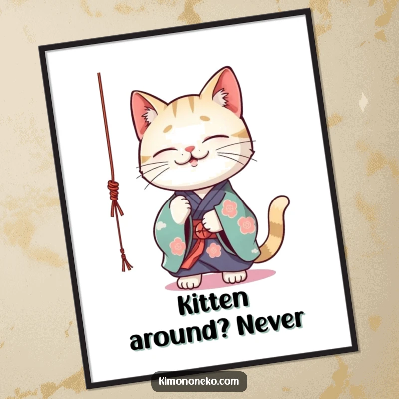 Funny Free Printable Wall Art: Kawaii cat in a vibrant kimono playfully attacks a dangling string, adding whimsy.