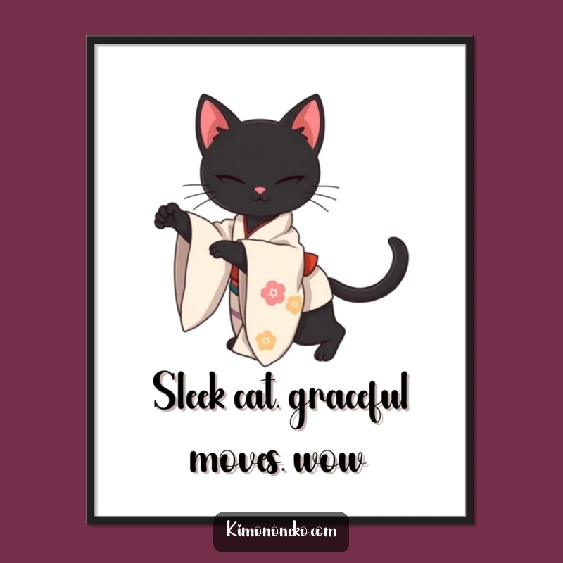 Funny Free Printable Wall Art: Elegant Black Cat in Kimono, Stylish Downloadable Decor!