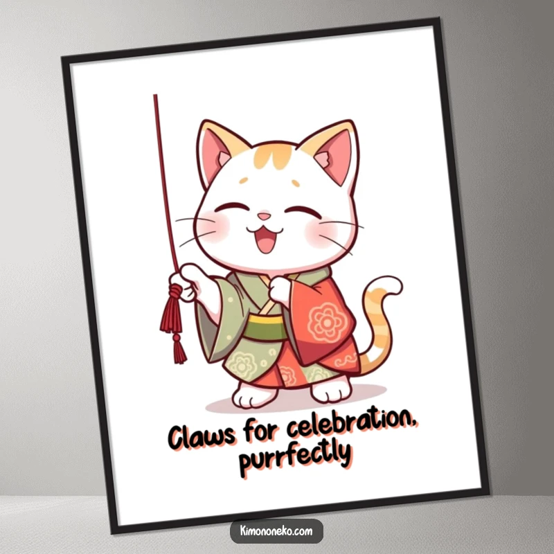 Funny Free Printable Wall Art: Kawaii stylized cat in a vibrant kimono, playfully batting at a dangling string, full of mischief.