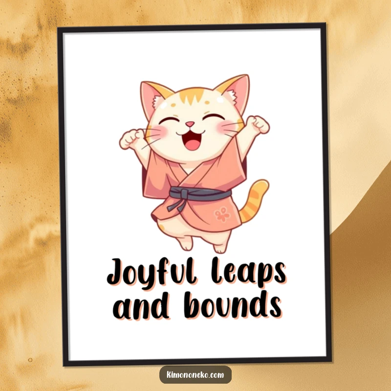 Funny Free Printable Wall Art: A Kawaii cat in a silk kimono performs a joyful leap, full of boundless energy and cheer.