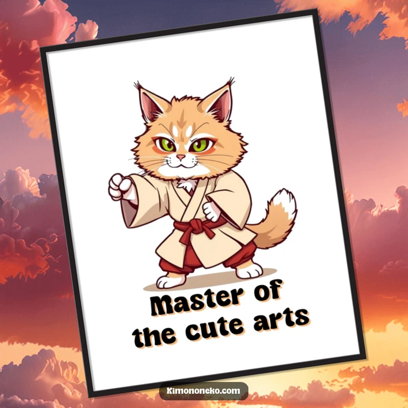 Funny Free Printable Wall Art: A Kawaii Maine Coon cat in a sturdy kimono, powerfully attempting a martial arts move.