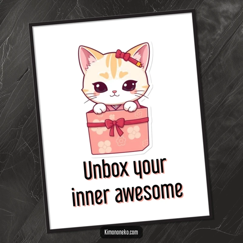 Funny Free Printable Wall Art featuring a mischievous kawaii cat in a kimono peeking from a gift box, ready to pounce with joy.