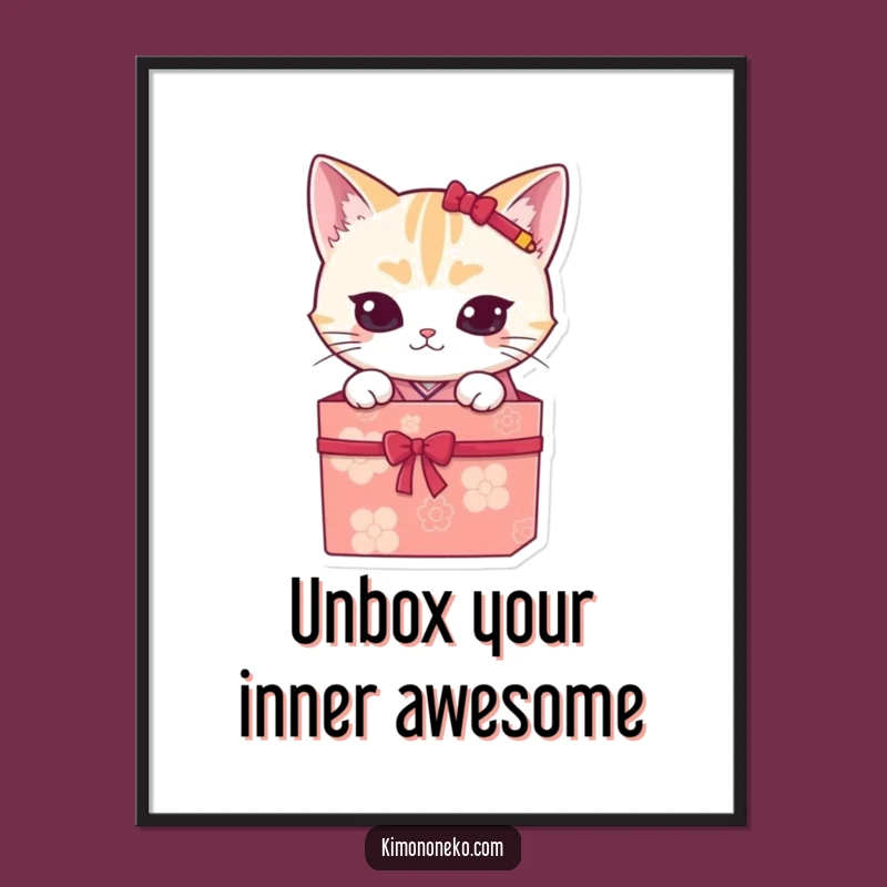 Funny Free Printable Wall Art: Mischievous Kawaii Cat Gift Box - Quirky Downloadable Art