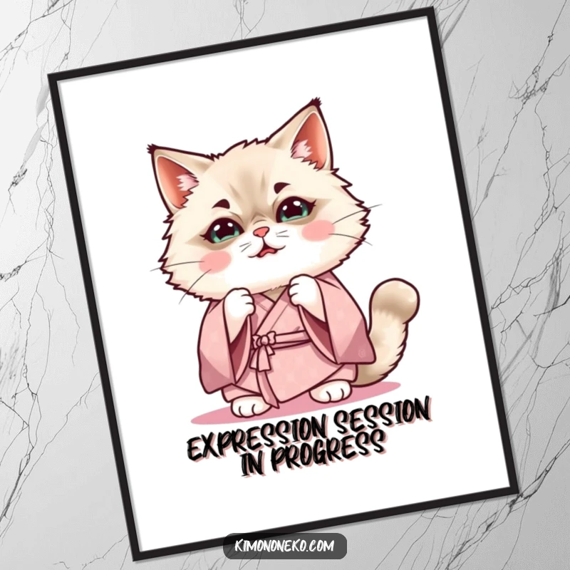 Funny Free Printable Wall Art: Kawaii Ragdoll cat in a soft kimono, practicing a variety of funny expressions, adding quirkiness.