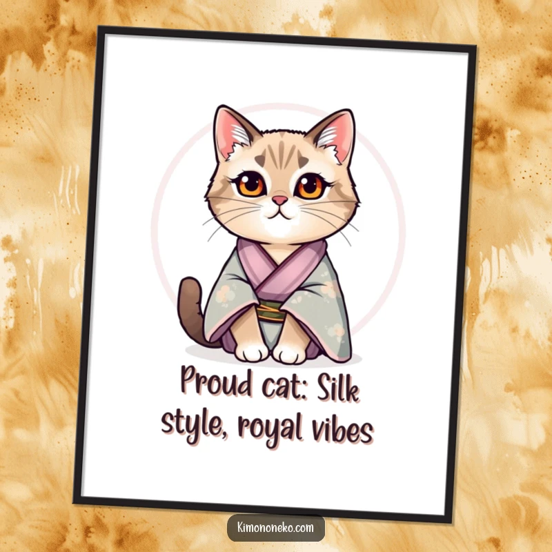 Funny Free Printable Wall Art: A regal cat in an ornate silk kimono sits proudly, exuding quiet humor.
