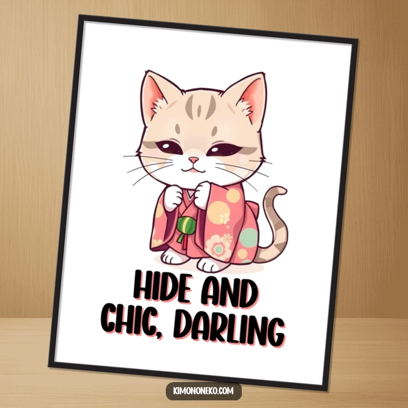 Funny Free Printable Wall Art: a mischievous cat in a bright kimono hiding playfully, adding a touch of fun to decor.