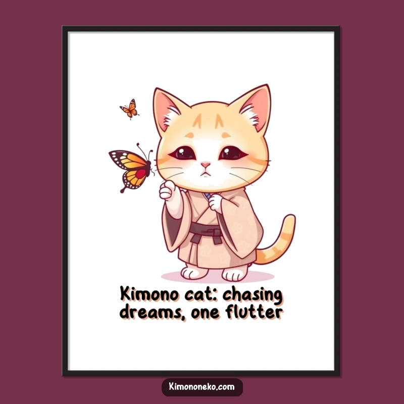 Funny Free Printable Wall Art: Cat in Kimono Batting Butterfly - Downloadable Poster