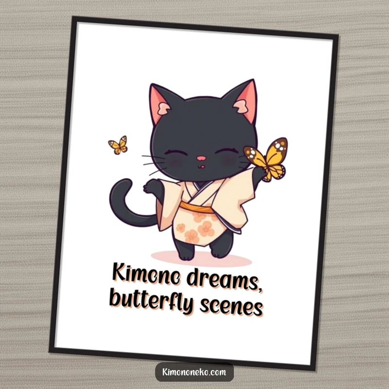 Funny Free Printable Black Cat Wall Art: Black cat in a simple kimono energetically chasing a butterfly, creating a scene of delightful movement.