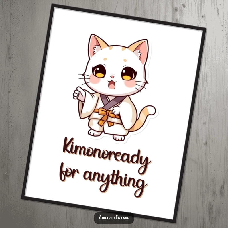 Free Printable Wall Art: Kawaii cat dressed in a kimono, frozen in a dramatic, surprised pose.