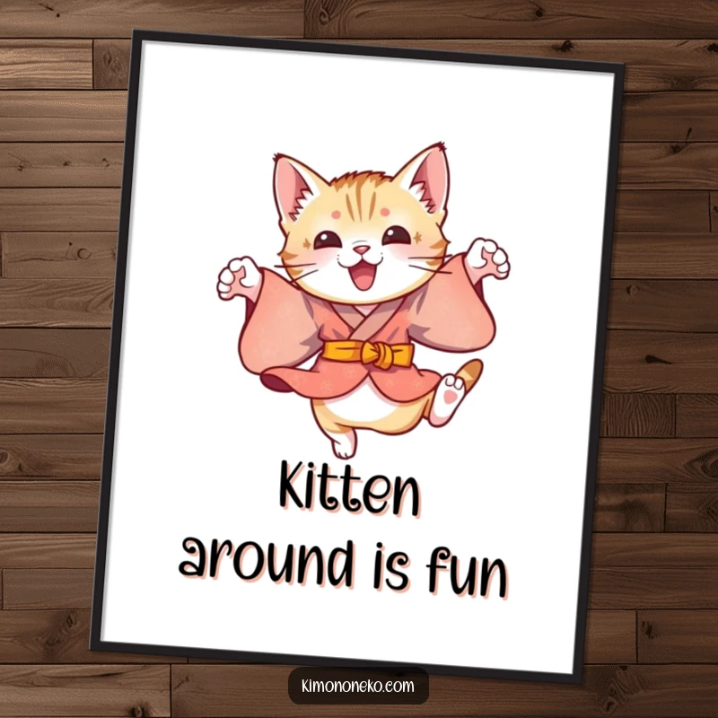 Funny Free Printable Wall Art: A playful kitten in a colorful kimono is captured mid-air doing energetic leaps.