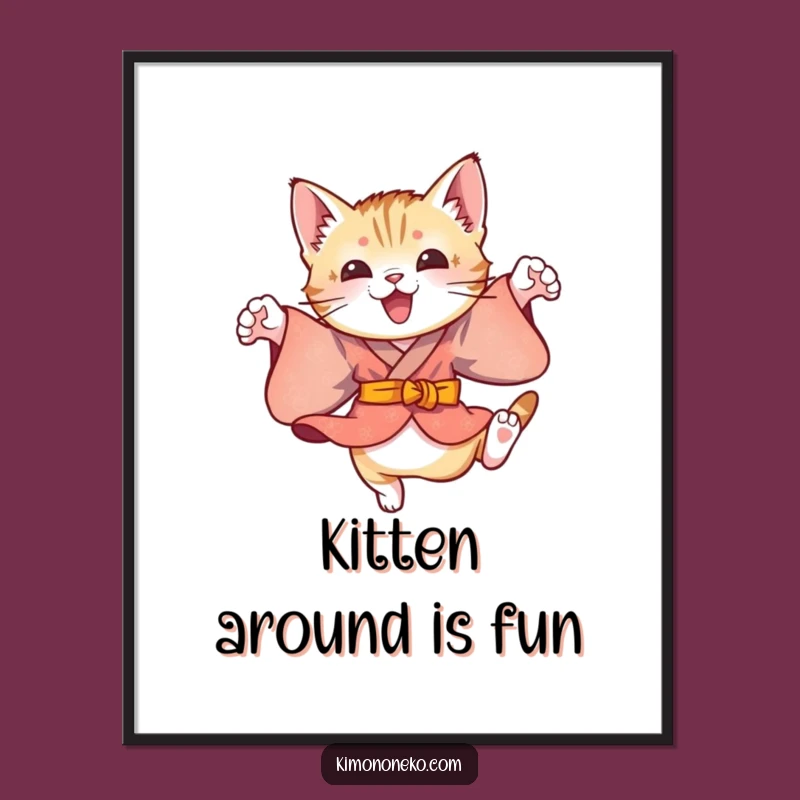 Free Printable Wall Art: Playful Kitten Leaping in Kimono, Energetic Downloadable Decor