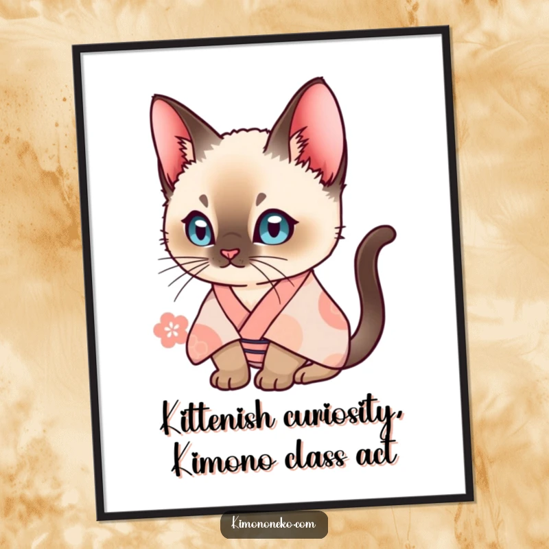 Funny Free Printable Wall Art of a curious Siamese cat elegantly dressed in a detailed kimono, perfect for quirky home decor.