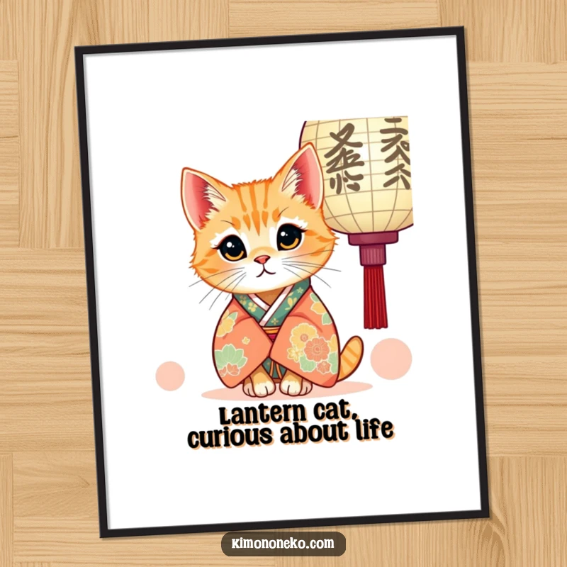 Funny Free Printable Wall Art: A ginger kawaii cat curiously peeks from behind a vibrant paper lantern.