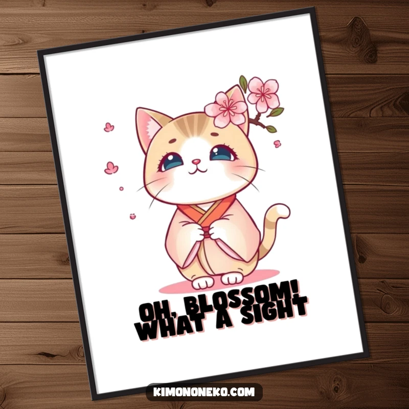 Funny Free Printable Wall Art: A kawaii cat in a kimono looks comically surprised by a delicate cherry blossom, downloadable.
