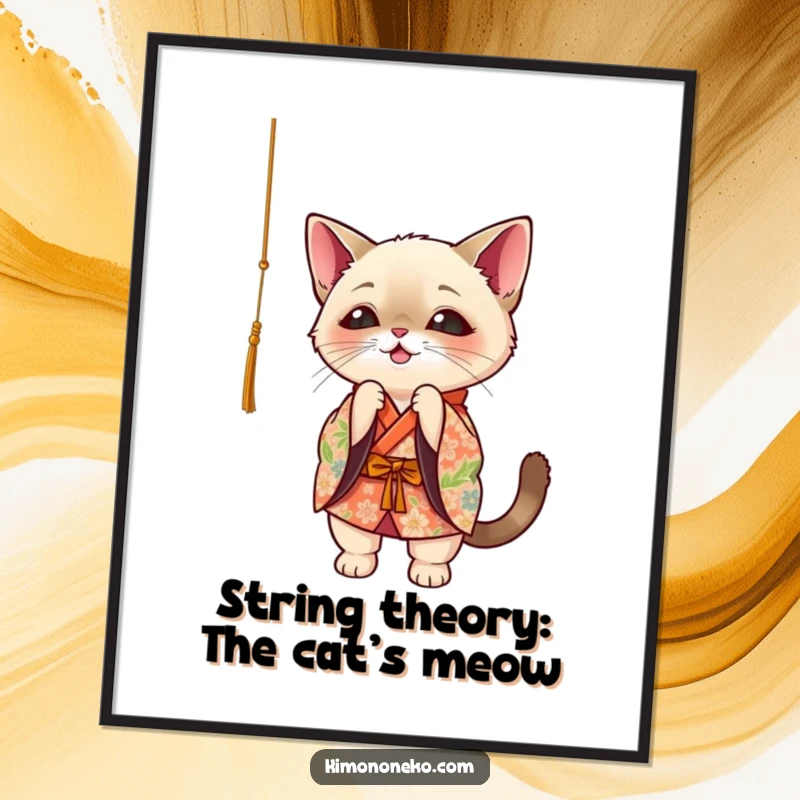 Funny Free Printable Wall Art: Kawaii Siamese cat in floral kimono, playfully batting at a dangling string.