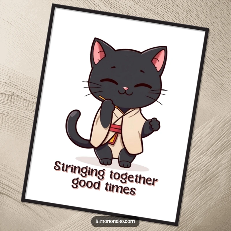 Funny Free Printable Wall Art of a Kawaii black cat in a simple kimono, hilariously batting at a playful string.