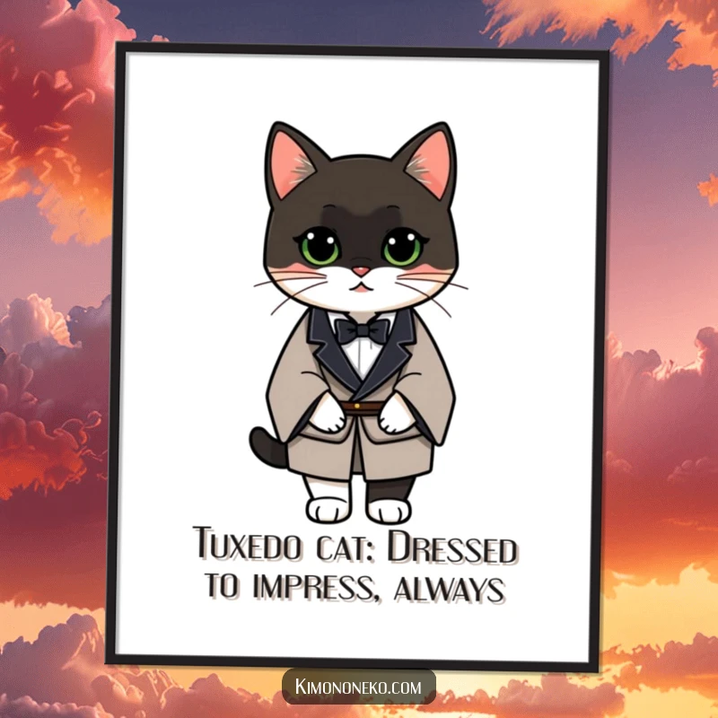 Funny Free Printable Wall Art: Elegant tuxedo cat in a formal kimono, creating a stylish and amusing art piece.