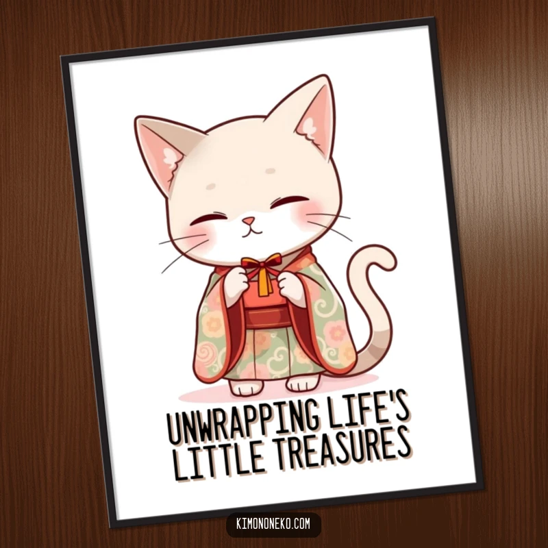 Funny Free Printable Wall Art: A sleek cat in an elegant kimono gracefully offers a small, charming gift.