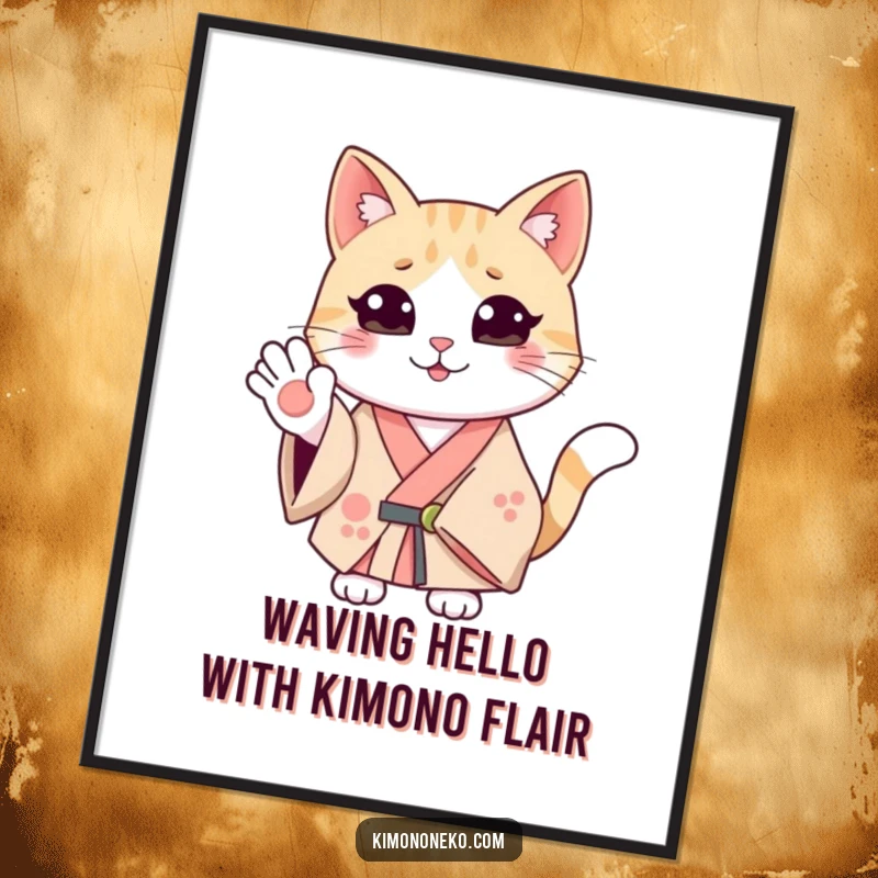 Funny Free Printable Wall Art: a smiling cat in a kimono waves with a friendly expression, creating a cheerful and humorous decorative piece.