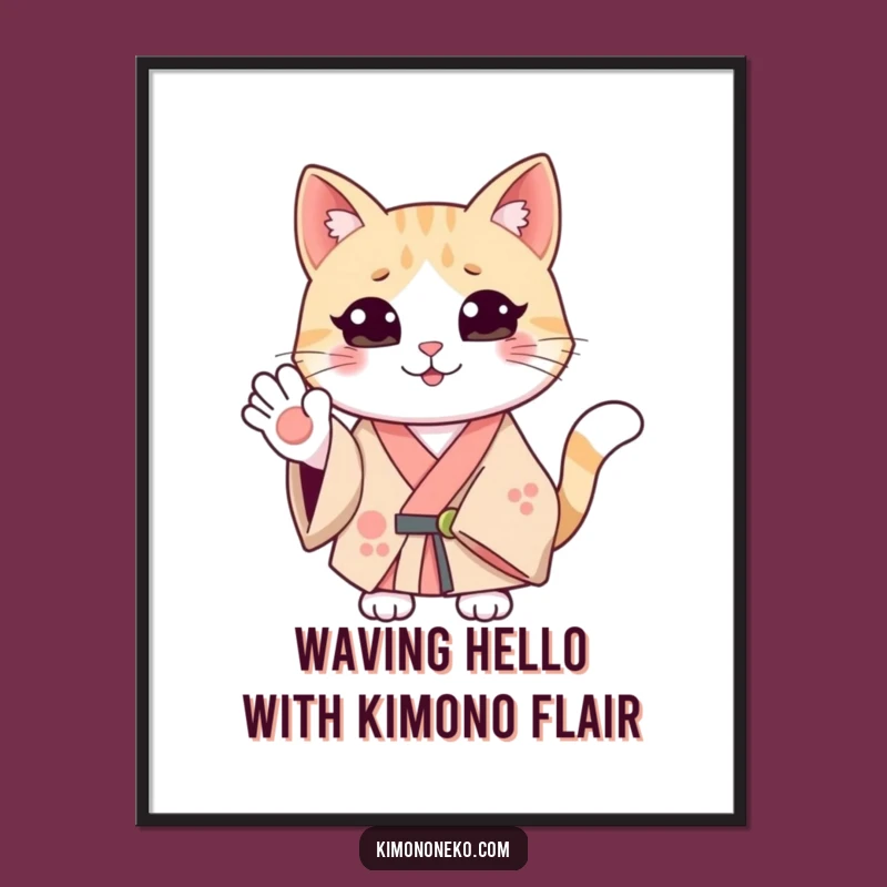 Free Printable Smiling Cat Wall Art: Waving Kimono Humor Downloadable Decor