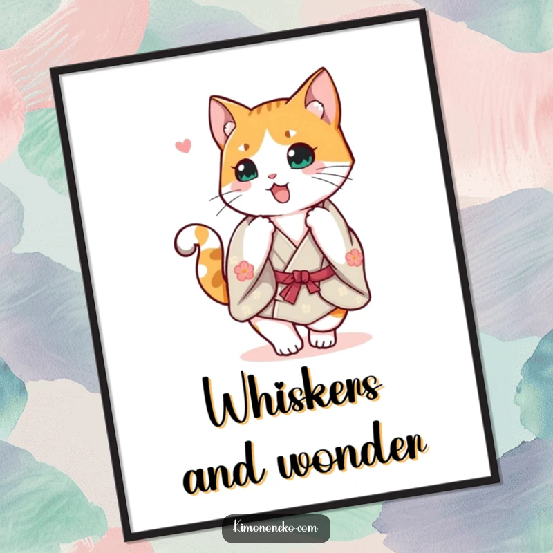 Funny Free Printable Wall Art: A cheerful calico cat in a vibrant kimono performing a happy spin with its tail held high.