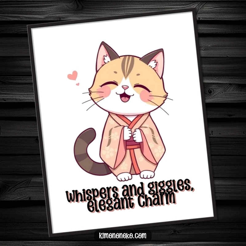 Funny Free Printable Wall Art: Kawaii stylized cat in an elegant kimono sharing a secret, contagious giggle.