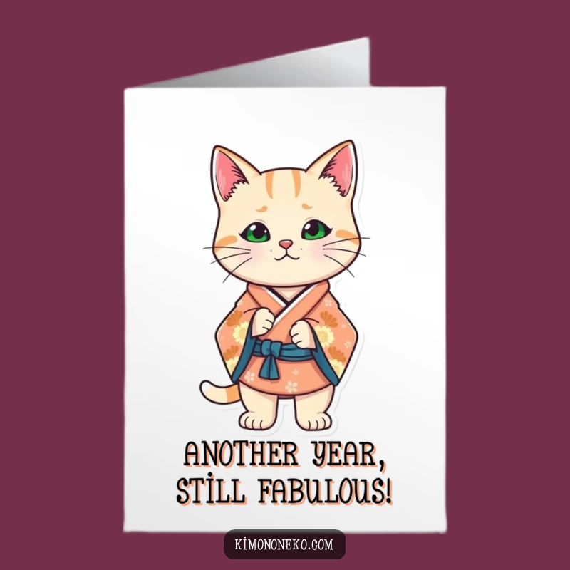 Bold Free Printable Birthday Card: Confident Kawaii Cat in Kimono - Downloadable Gift