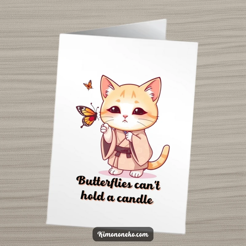 Funny Free Printable Birthday Card: Cat in patterned kimono joyfully batting at a butterfly, whimsical and cute.
