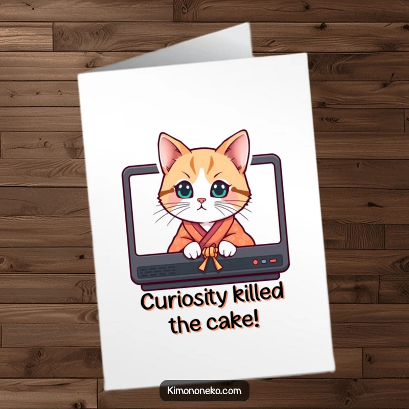 Funny Free Printable Birthday Card featuring a curious cat in a bright kimono peeking from behind screens with mischief.