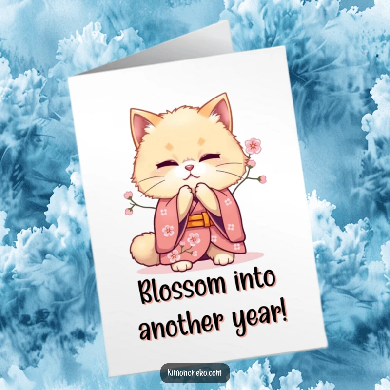 Funny Free Printable Cat Birthday Card featuring a fluffy cat in a cherry blossom kimono, elegantly bowing with a smile.