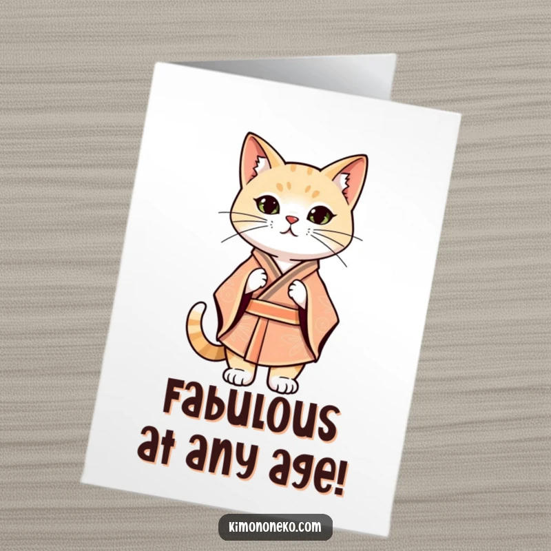 Funny Free Printable Birthday Card: Kawaii cat in a striking kimono pose, exuding confidence for a birthday bash.